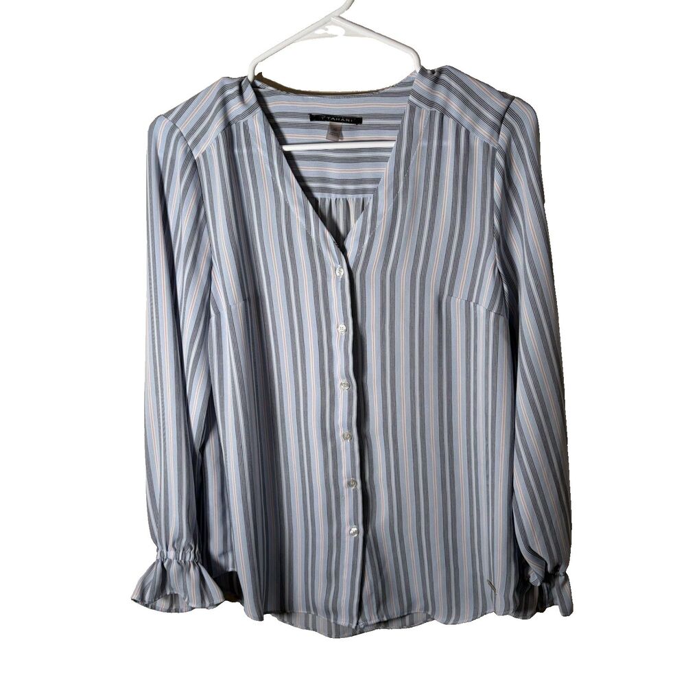 Tahari Blouse Women's XS Blue Striped Long Sleeve Button Up Top Shirt Casual